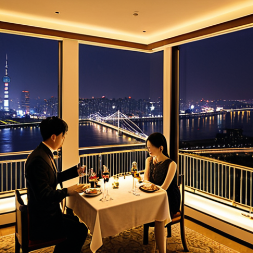 Home 23 **A luxurious hotel room overlooking the Han River in Seoul at night. The panoramic view showcases the brightly lit bridges and buildings along the river. The room has a balcony with a couple enjoying wine, silhouetted against the stunning cityscape.**