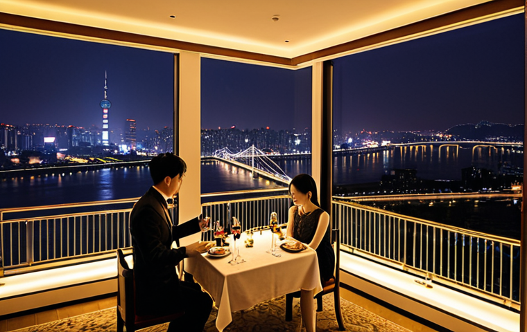 **A luxurious hotel room overlooking the Han River in Seoul at night. The panoramic view showcases the brightly lit bridges and buildings along the river. The room has a balcony with a couple enjoying wine, silhouetted against the stunning cityscape.**