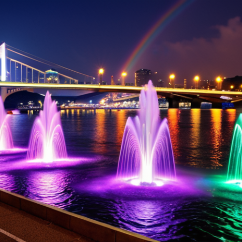 Home 22 **Prompt:** Banpo Bridge Moonlight Rainbow Fountain, Seoul night view, colorful water jets dancing to music, Han River reflecting lights, people enjoying the show, vibrant and romantic atmosphere, long exposure.