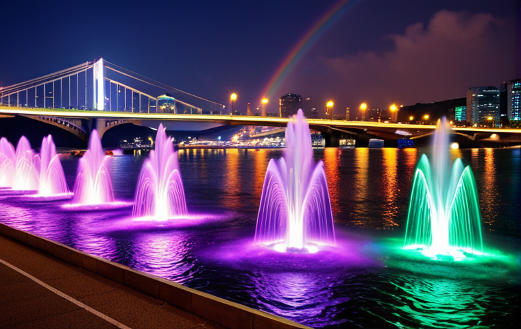 **Prompt:** Banpo Bridge Moonlight Rainbow Fountain, Seoul night view, colorful water jets dancing to music, Han River reflecting lights, people enjoying the show, vibrant and romantic atmosphere, long exposure.