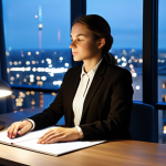 A professional individual, fully clothed in modest, comfortable business casual attire, is seated calmly at a modern desk in a high-rise urban apartment at night. Through a large window, a tranquil cityscape with soft, glowing lights is visible, suggesting a peaceful night. The person is in a natural, contemplative pose, hands resting gently on the desk surface. The atmosphere is serene and deeply calming, evoking a sense of introspection and relaxation. Perfect anatomy, correct proportions, natural body proportions, well-formed hands, proper finger count. Professional photography, high resolution, soft ambient lighting, cinematic quality. Safe for work, appropriate content, fully clothed, professional dress, family-friendly.