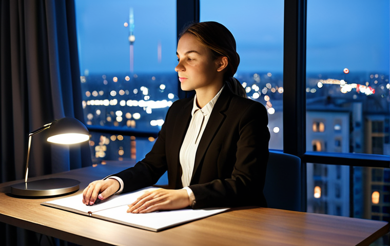 A professional individual, fully clothed in modest, comfortable business casual attire, is seated calmly at a modern desk in a high-rise urban apartment at night. Through a large window, a tranquil cityscape with soft, glowing lights is visible, suggesting a peaceful night. The person is in a natural, contemplative pose, hands resting gently on the desk surface. The atmosphere is serene and deeply calming, evoking a sense of introspection and relaxation. Perfect anatomy, correct proportions, natural body proportions, well-formed hands, proper finger count. Professional photography, high resolution, soft ambient lighting, cinematic quality. Safe for work, appropriate content, fully clothed, professional dress, family-friendly.