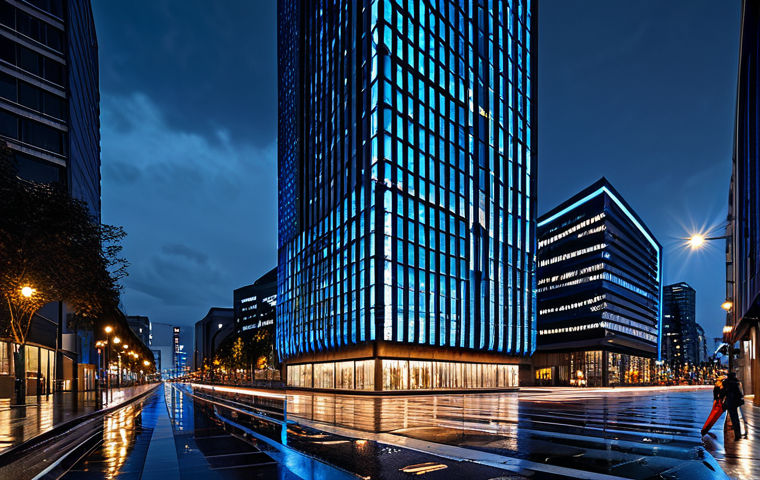 A futuristic cityscape at twilight, dominated by a magnificent skyscraper featuring an advanced, AI-generated interactive media facade. The building's exterior glows with dynamic, abstract patterns and vibrant light, reflecting on the wet pavement below. Surrounding buildings are subtly lit, creating a sense of depth and urban energy. The scene is illuminated by intelligent lighting, highlighting modern architectural details. This is a professional architectural photograph, capturing the essence of a smart city at night. safe for work, appropriate content, fully clothed, professional, perfect anatomy, correct proportions, natural body proportions, high quality.