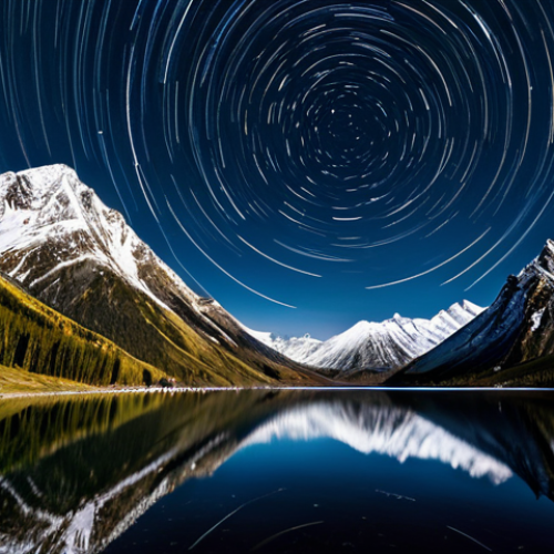 Home 9 A mesmerizing long-exposure photograph of intricate star trails arching across a dark, clear night sky above a serene mountain landscape. The foreground features rugged mountain peaks and a calm, reflective lake. Professional photography, high quality, stunning astronomical phenomenon, breathtaking vista, ethereal, fully clothed, appropriate attire, safe for work, family-friendly, perfect anatomy, correct proportions, natural pose, well-formed hands, proper finger count, natural body proportions.