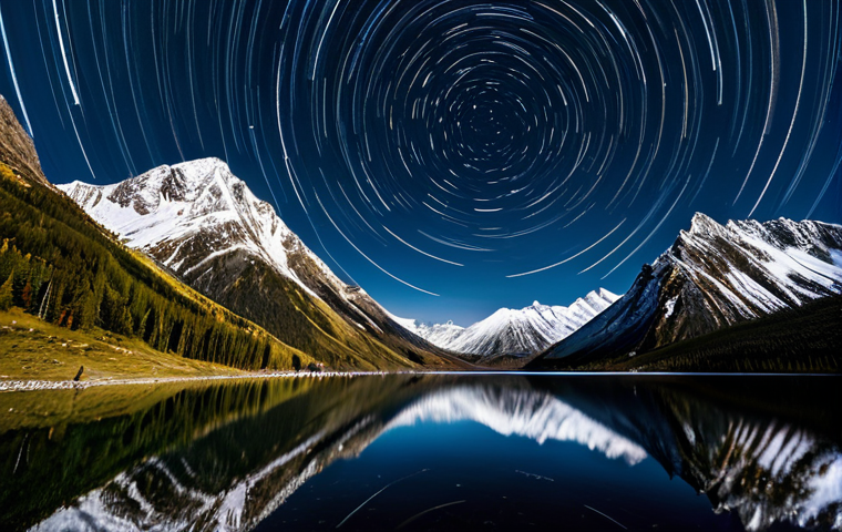 A mesmerizing long-exposure photograph of intricate star trails arching across a dark, clear night sky above a serene mountain landscape. The foreground features rugged mountain peaks and a calm, reflective lake. Professional photography, high quality, stunning astronomical phenomenon, breathtaking vista, ethereal, fully clothed, appropriate attire, safe for work, family-friendly, perfect anatomy, correct proportions, natural pose, well-formed hands, proper finger count, natural body proportions.